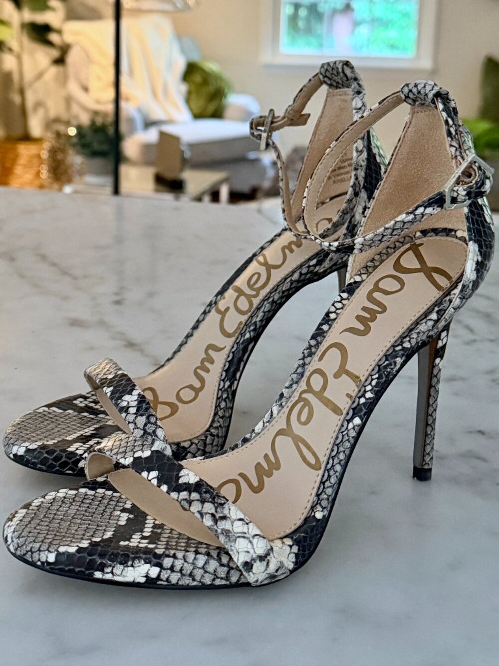 Sam Edelman Ariella Strappy Sandal Heel — Size 6.5 | Black & White Snake Print